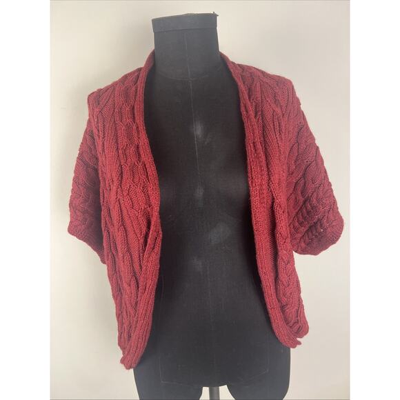 Cold Water Creek Dark Red Chunky Cable Knit Short Sleeve Cardigan Sweater Large - Picture 1 of 8